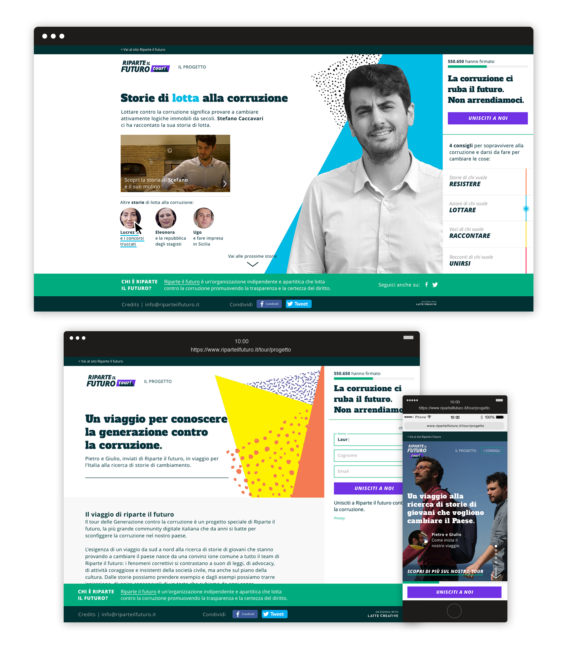 Latte_Sito_rif-tour_MockupSito-2 image of the website pages of riparte il futuro tour in desktop and mobile version