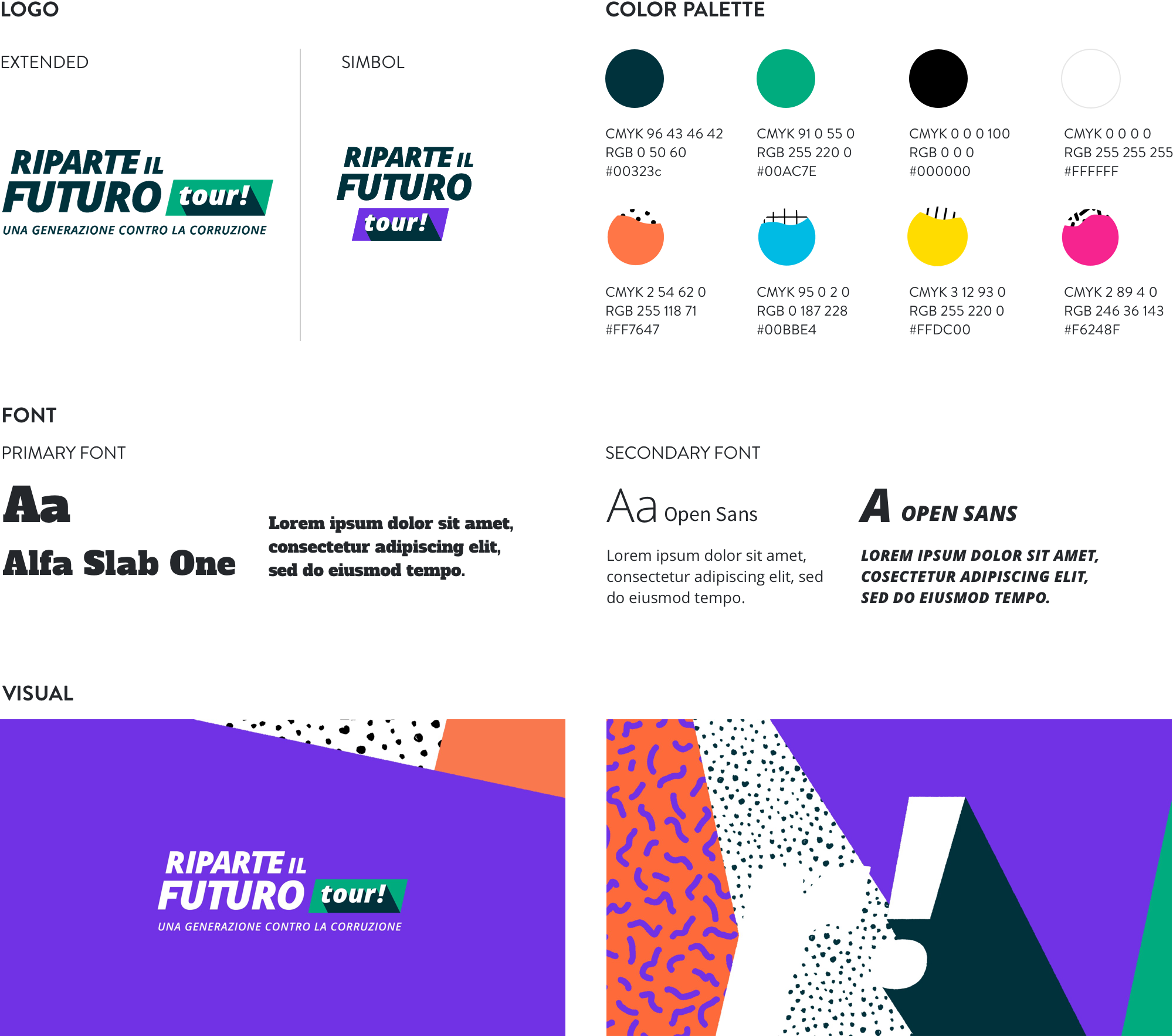 image of the logo, the colour palette and the fonts selected for riparte il futuro tour