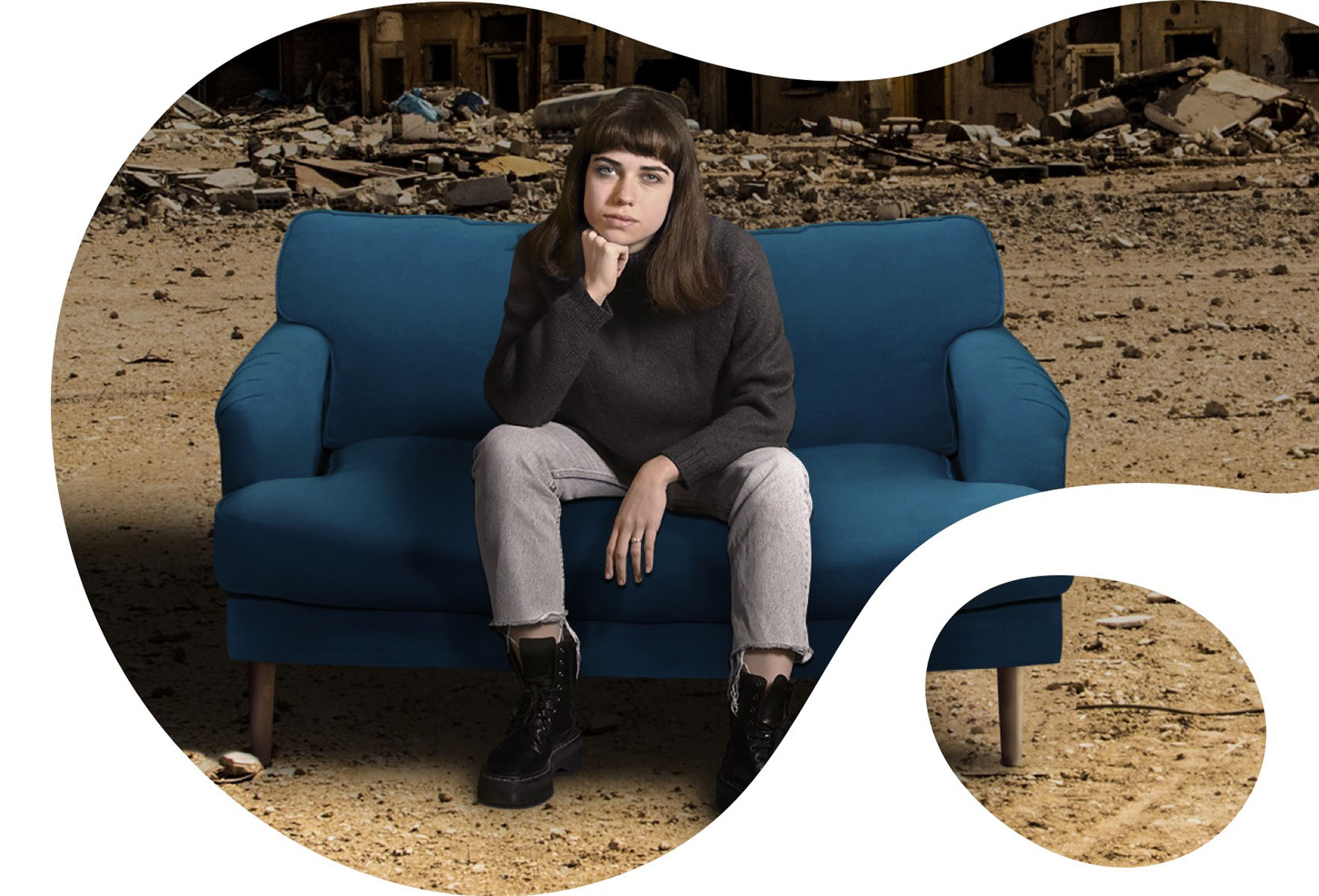 bubble image of a girl seated on a couch with a war background