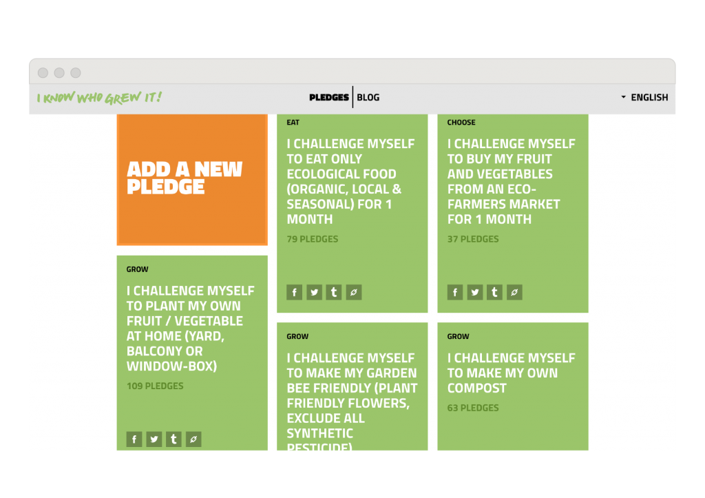 know_who_grew_it-03-1024x723 A pledge page, where everyone who wants to take a pledge about their food choice – such as buying at the bio market or reducing the food waste or making compost – can do it and share it through their own social network