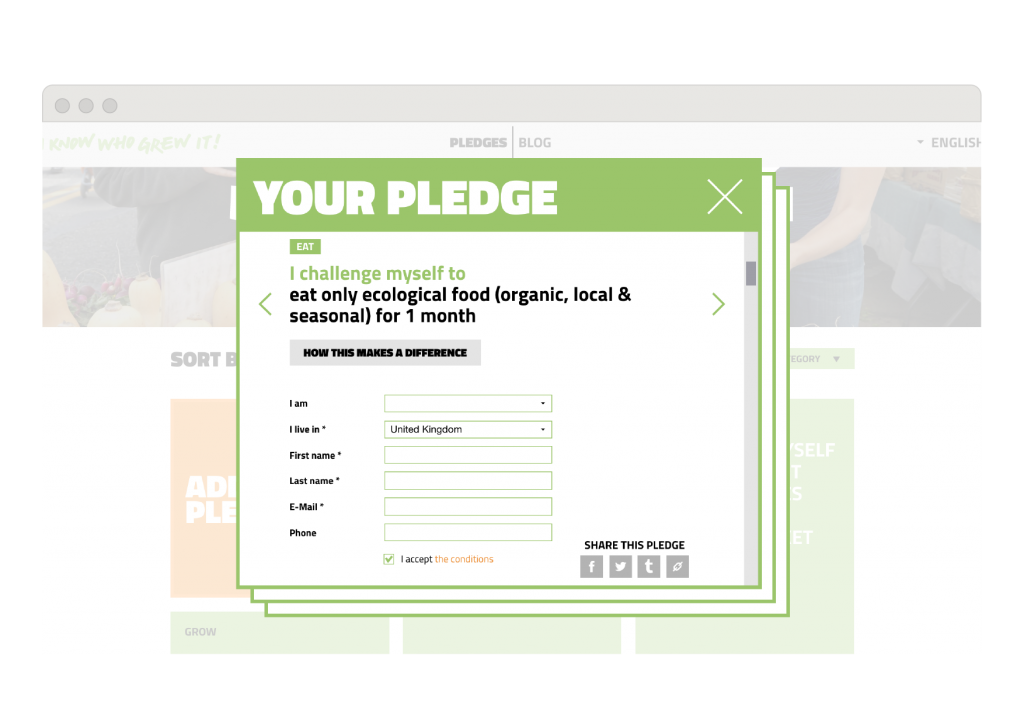 A pledge page, where everyone who wants to take a pledge about their food choice – such as buying at the bio market or reducing the food waste or making compost – can do it and share it through their own social network