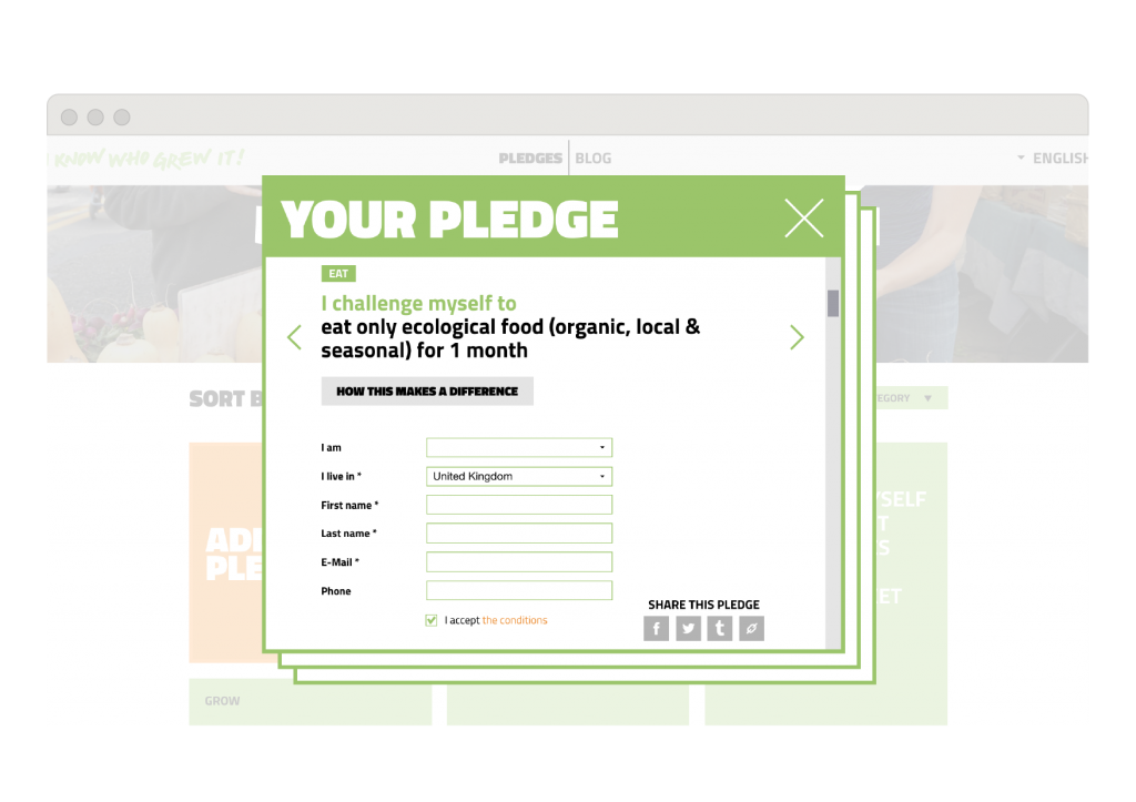know_who_grew_it-06-1024x723 A pledge page, where everyone who wants to take a pledge about their food choice – such as buying at the bio market or reducing the food waste or making compost – can do it and share it through their own social network