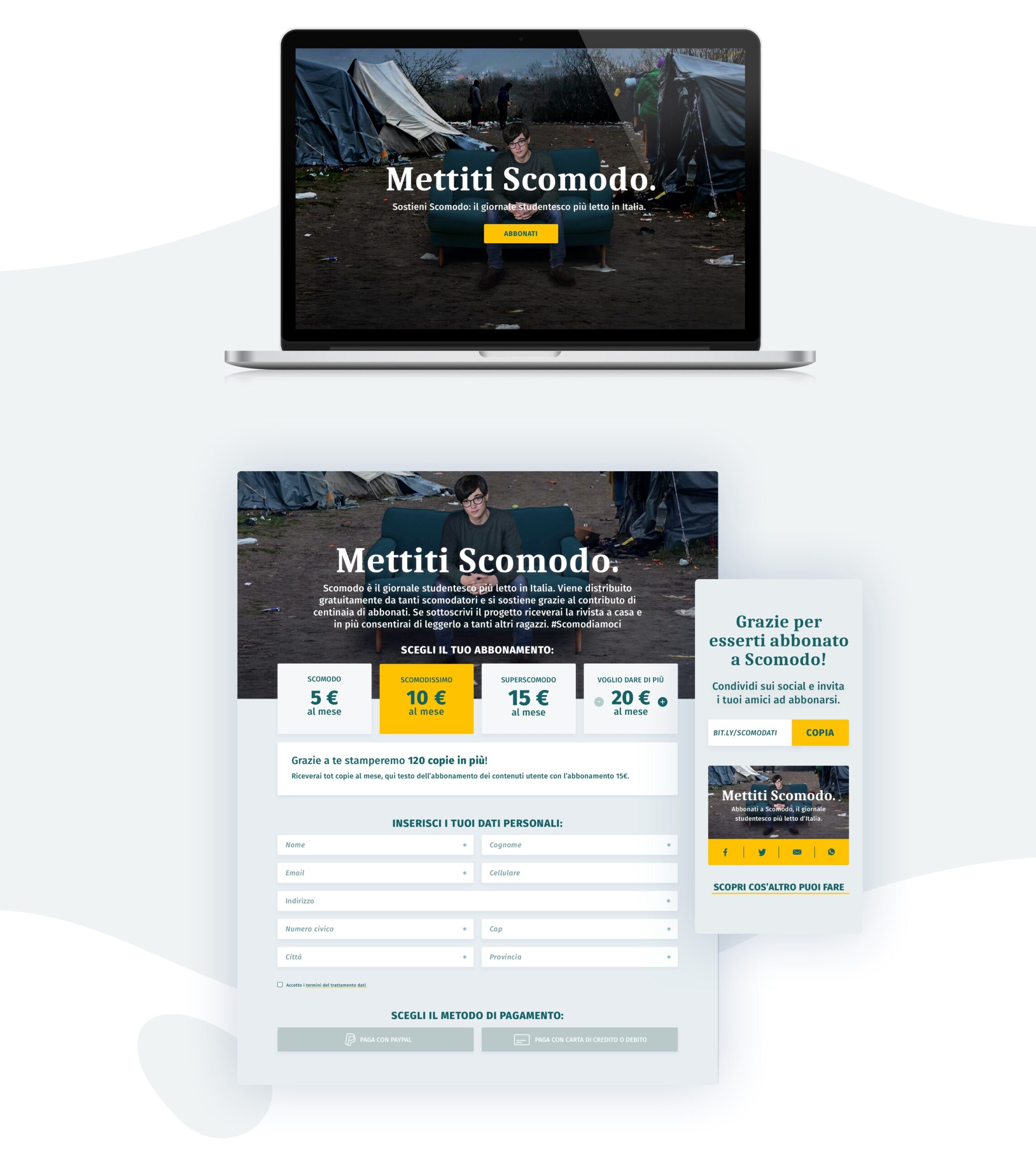 mockup of landing page and subscription form of scomodo campaign