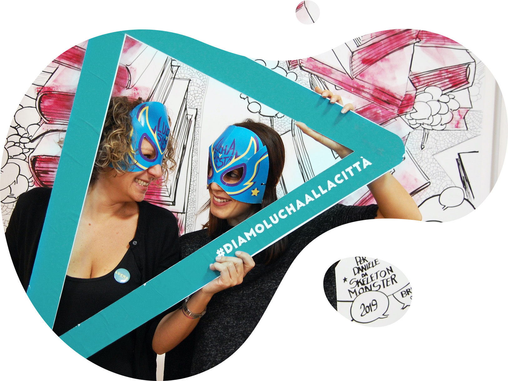 mobile main image_bubble_lucha masked luchadoras holding roof shape