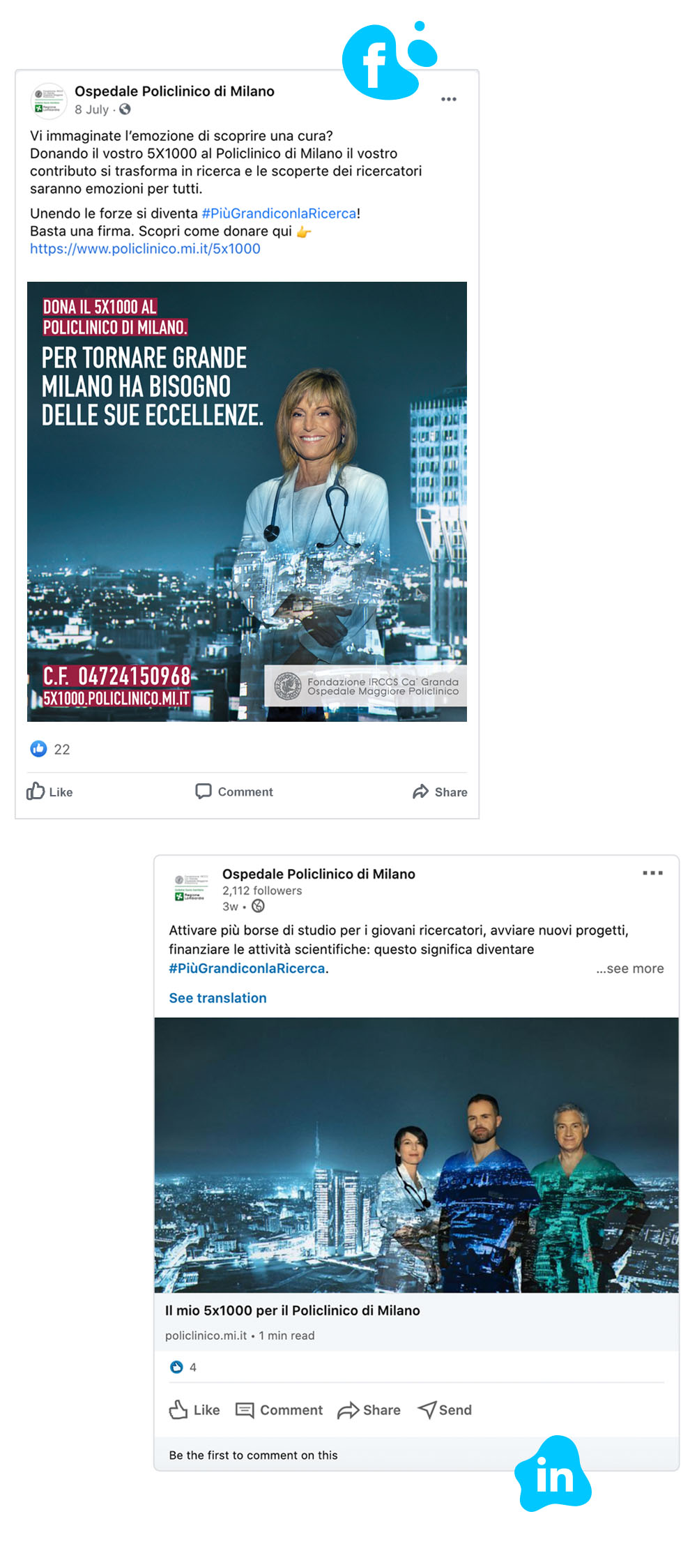 facebook and linkedin post policlinico di milano