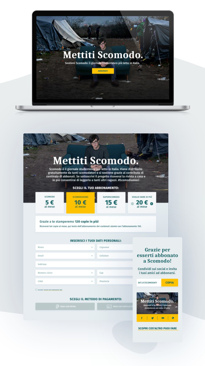 mockup of landing page and subscription form of scomodo campaign