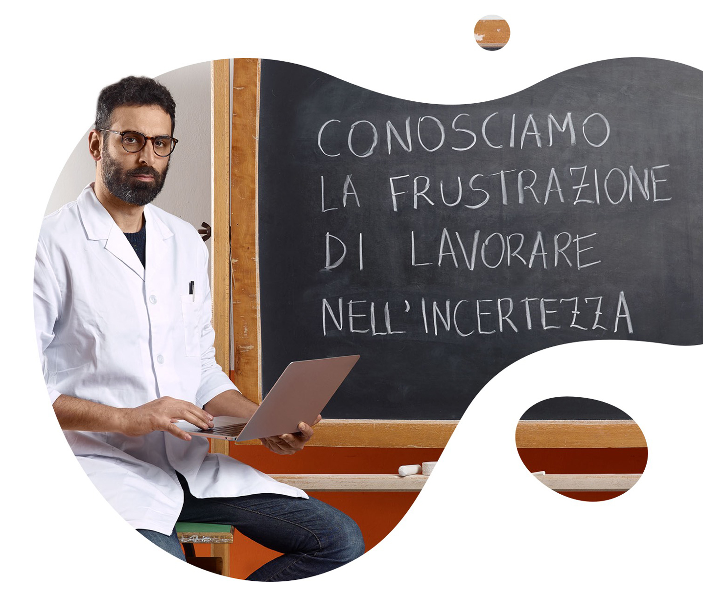 researcher seated on a school desk flc cgil campaign