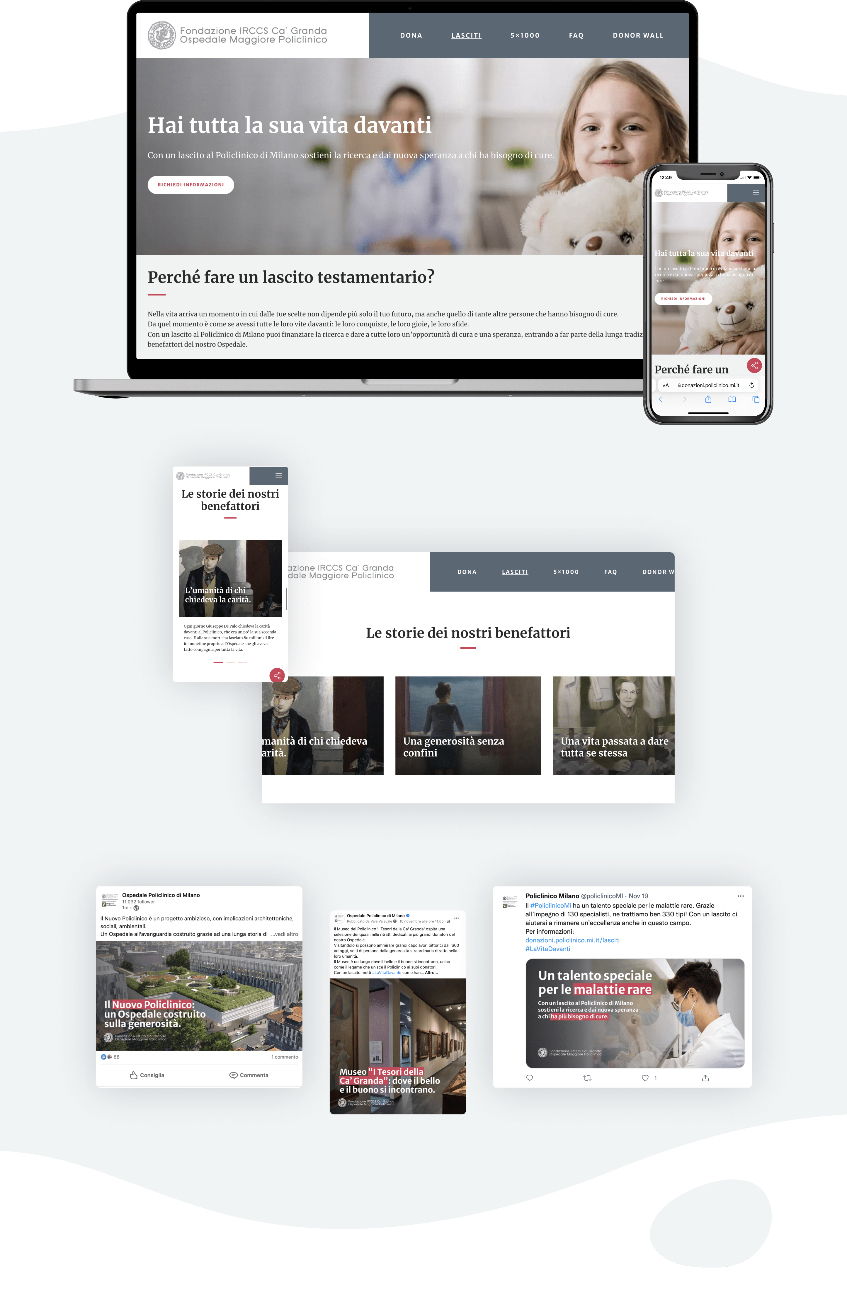 Mockup website and post social_Policlinico Milano Mockup digital campaign Lasciti Policlinico Milano