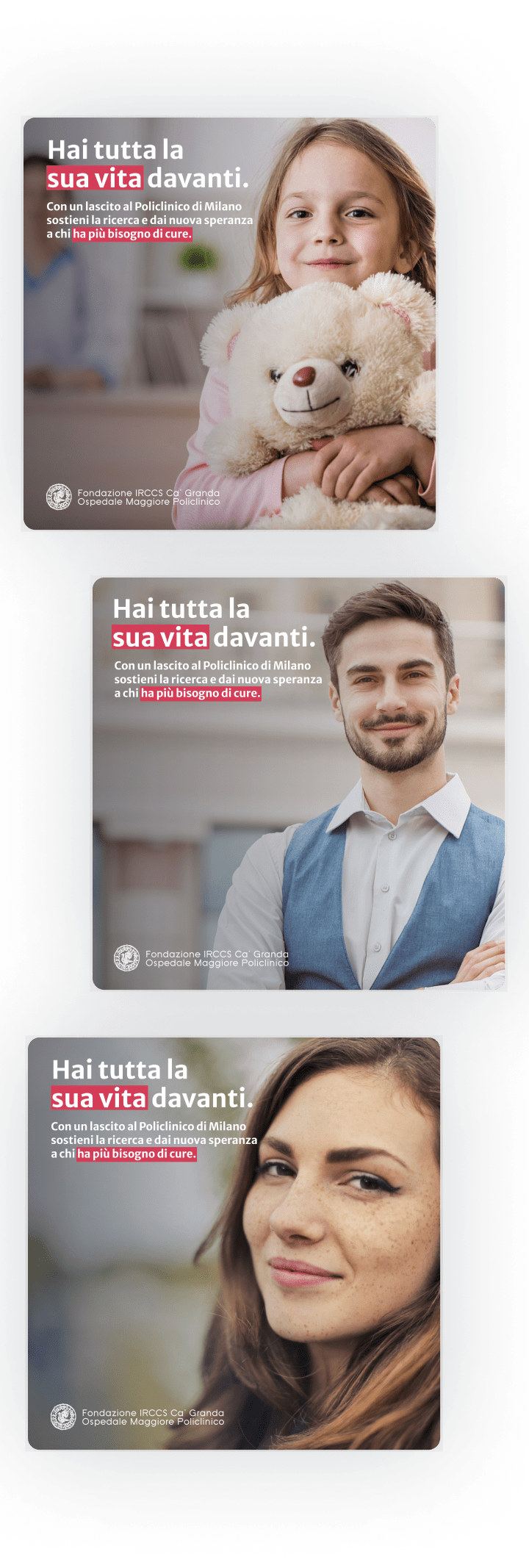 Three Vertical_visual_Policlinico Milano visual of the campaign Lasciti Policlinico Milano