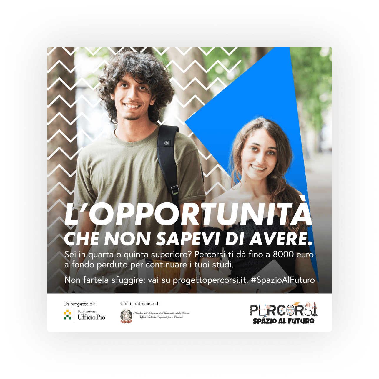 Keyvisual_Card_UfficioPio_Desktop ufficio pio Keyvisual with young guys and a geometrical background