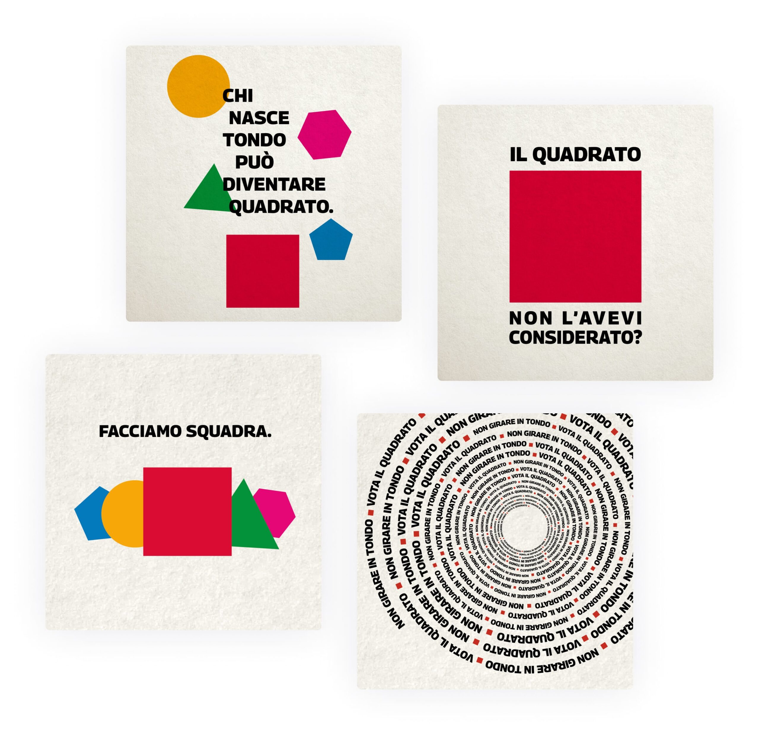 Group of four card of the campaign, with different visual